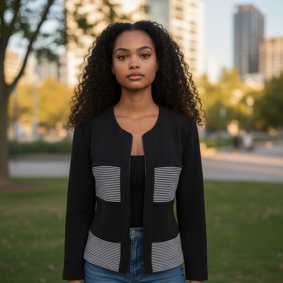 Vintage JESSICA HOWARD Black and White Striped Blazer Jacket, Sz 14 Petite - Picture 3 of 5
